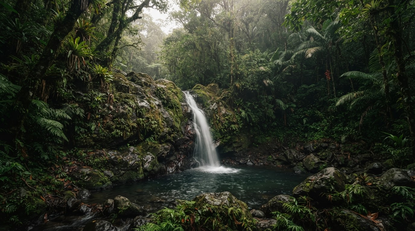 A tropical rainforest waterfall cascading over moss-covered rocks in the Arenal region