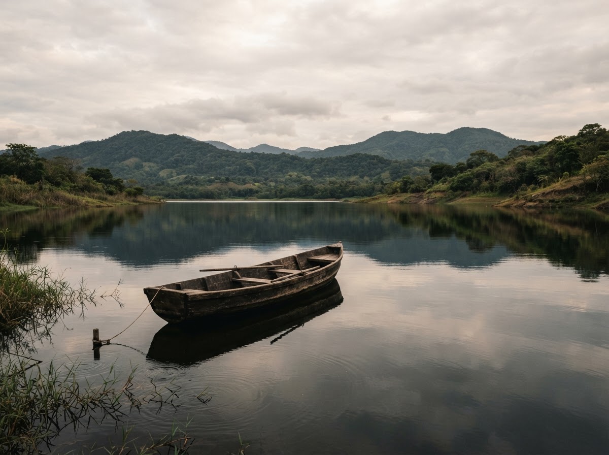 A calm open boat resting on the dark reflective water of Lake Arenal