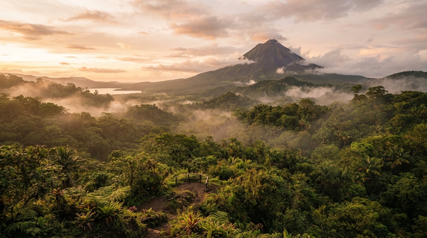 A lush rainforest valley in the Arenal highlands with Arenal Volcano rising in the distance at golden hour