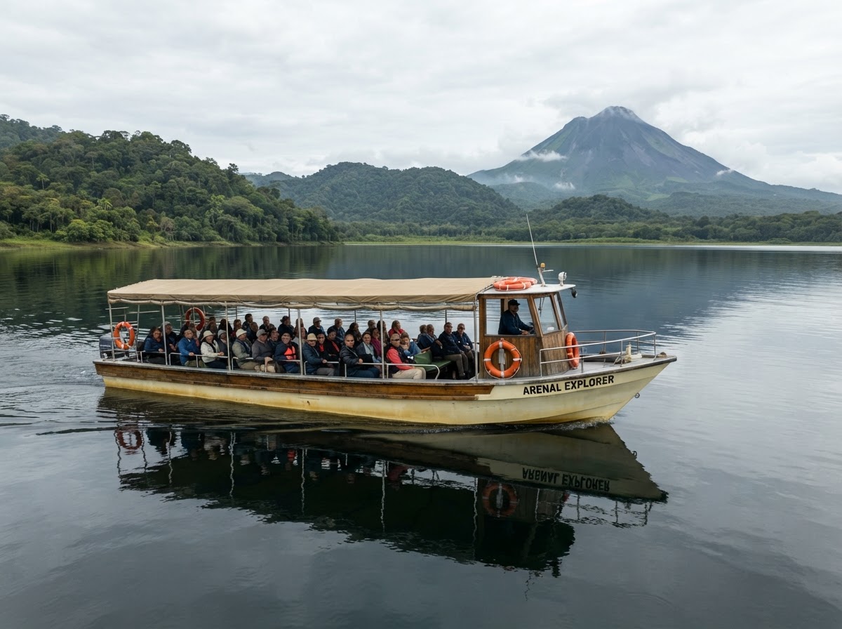 A large open passenger boat on the reflective water of Lake Arenal