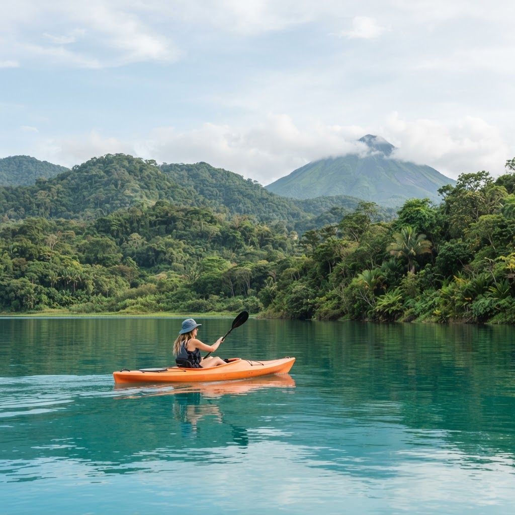Kayaking and fishing on Lake Arenal