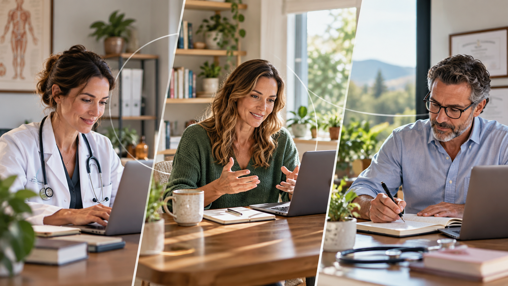 Three independent functional medicine practitioners — a physician reviewing charts in her clinic, a health coach on a video call, and a clinician working at his desk — visually connected as part of a shared professional network
