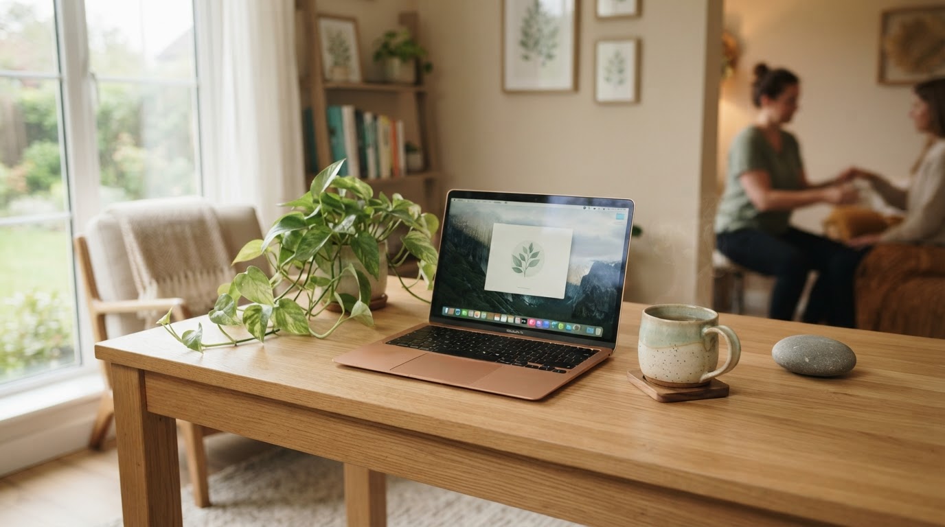 A calm, warm functional health practice workspace with a laptop, a trailing green plant, and a smooth river stone on a light wood desk