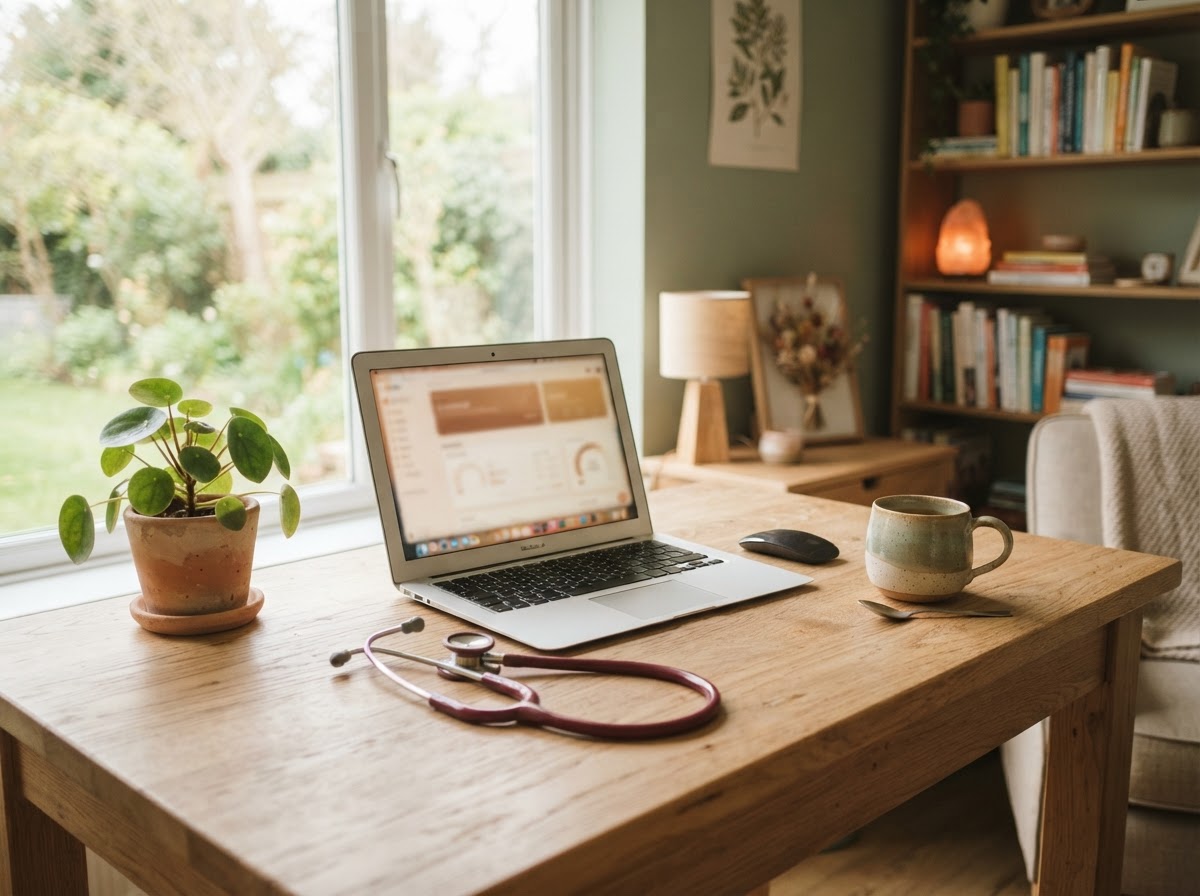 A warm, cozy functional medicine practitioner's desk with an open laptop, a potted plant, a stethoscope, and a ceramic mug in soft natural light