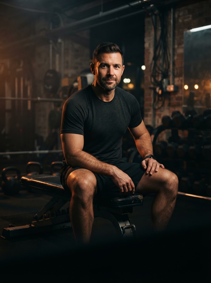 Coach Matt Weaver, Gymtopia founder, seated at a bench press in his gym