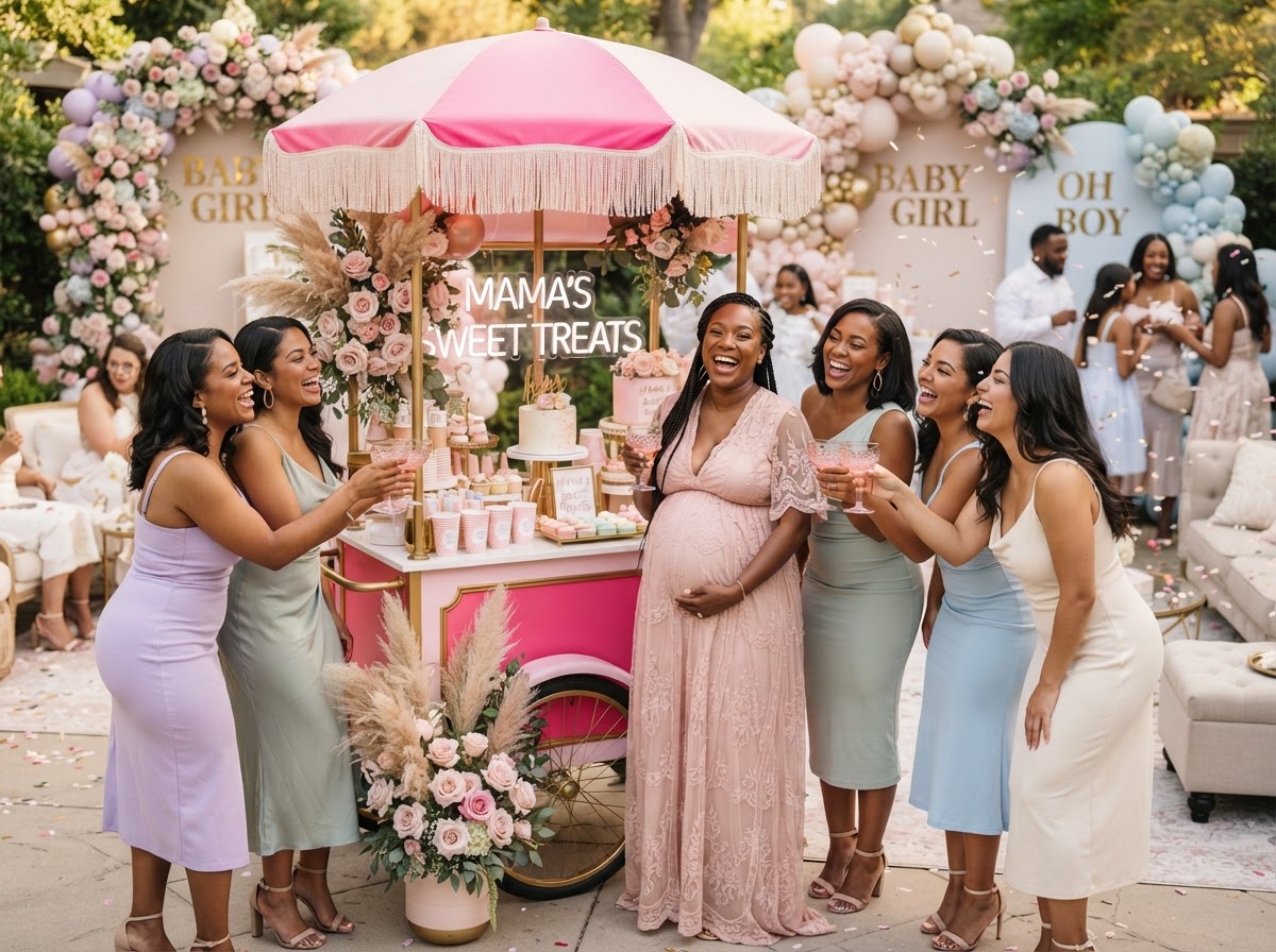 Diverse guests celebrating around a beautifully styled Cartistry mobile cart