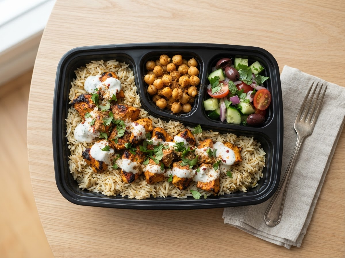 Chicken Tikka Rice Bowl with side salad