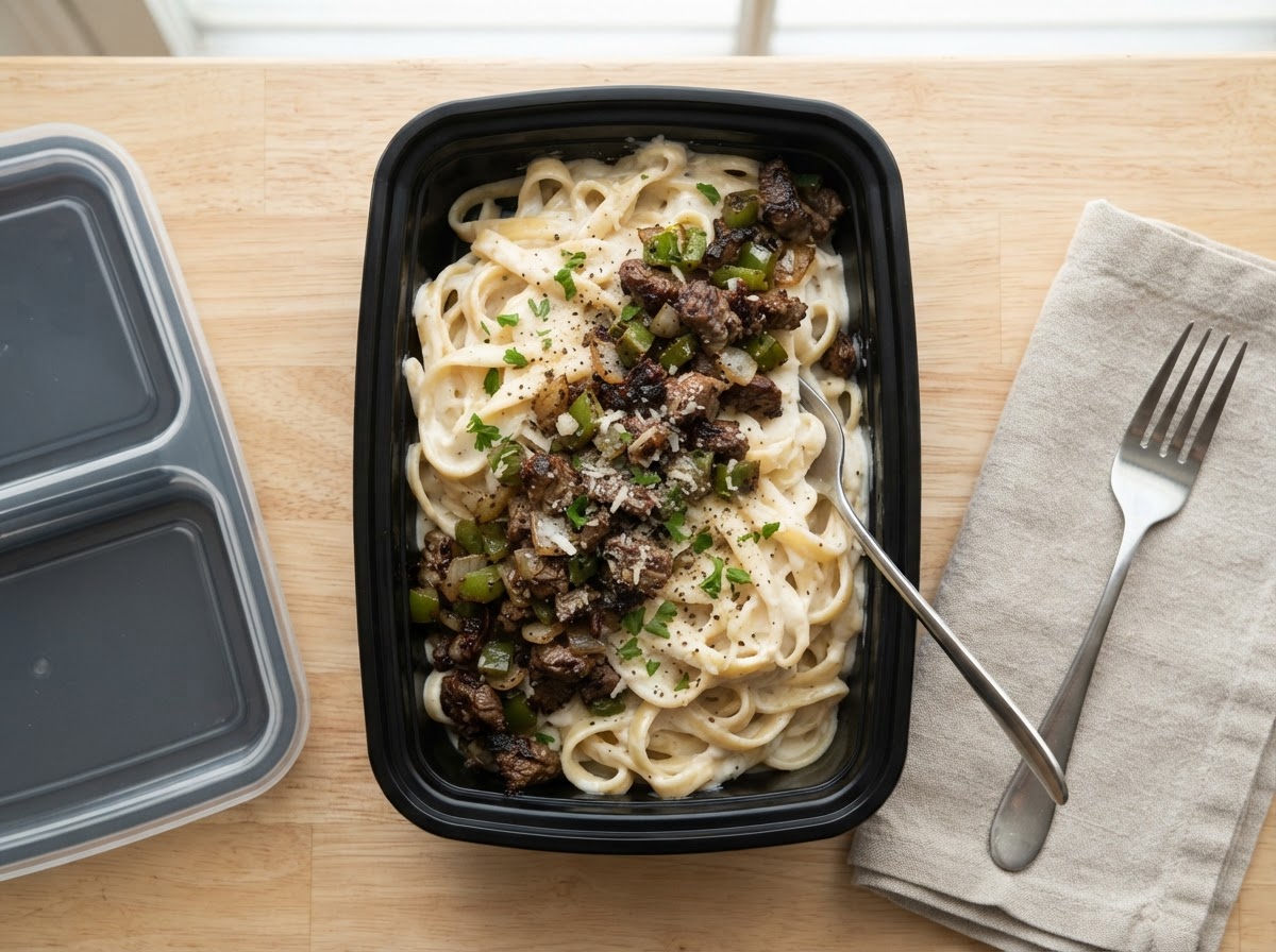 Sautéed Chopped Beef Alfredo with side salad