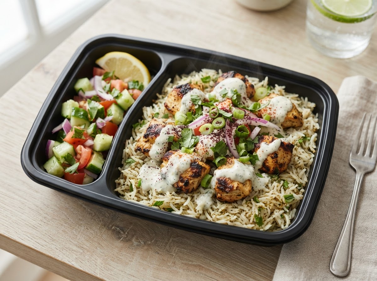 Chicken Malai Rice Bowl with side salad