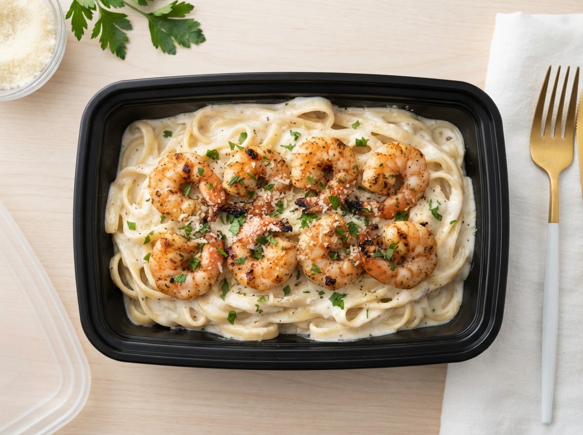Shrimp Alfredo with side salad