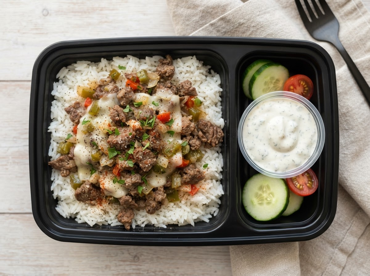 Sautéed Chopped Beef Rice Bowl with side salad