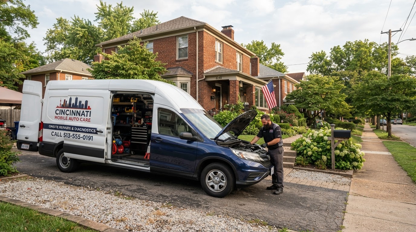 Onsite Cincinnati Mobile Mechanic service van parked in a Cincinnati Ohio driveway