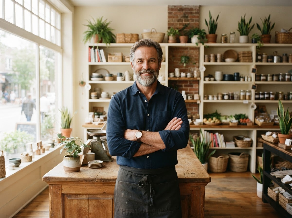Friendly neighborhood business owner inside a local shop