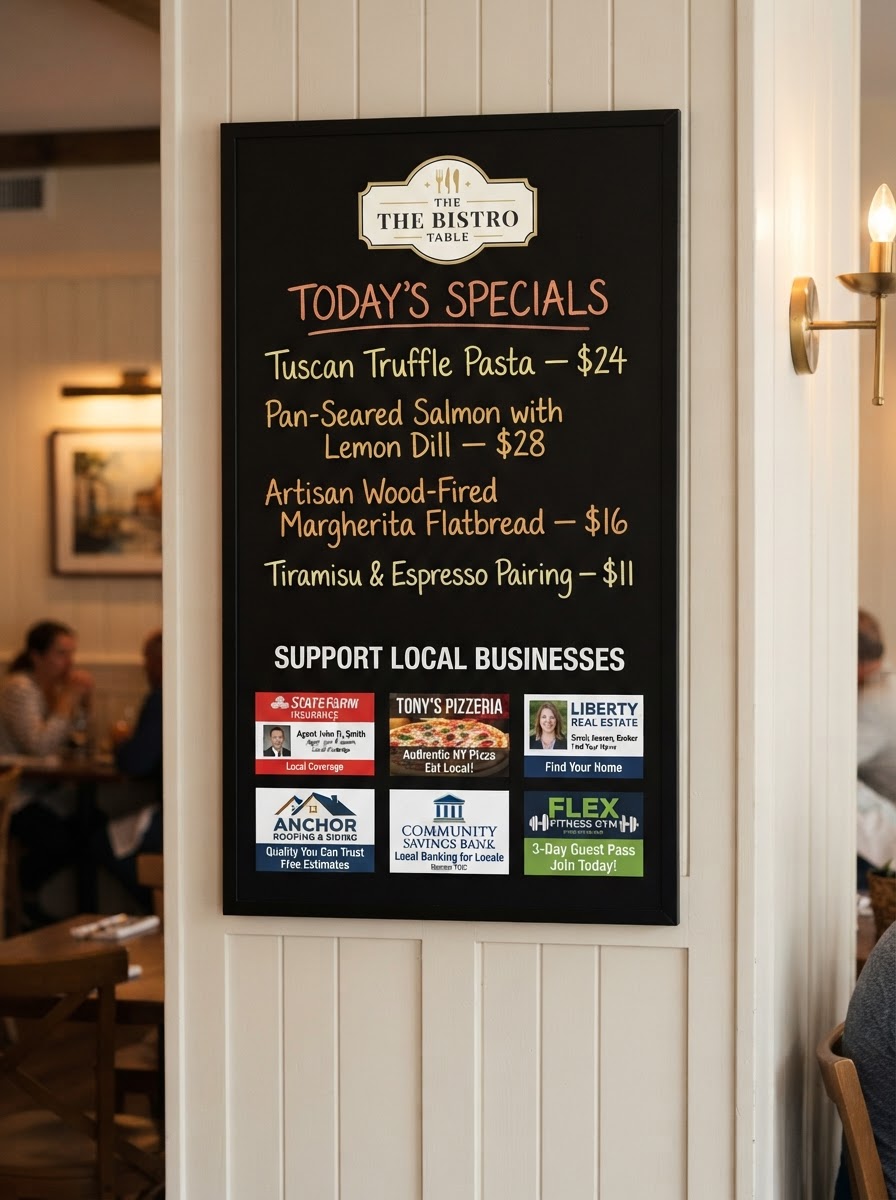 Physical vertical community board mounted in host dining room with generic restaurant logo, daily food specials, and exactly six sponsor advertiser spots underneath
