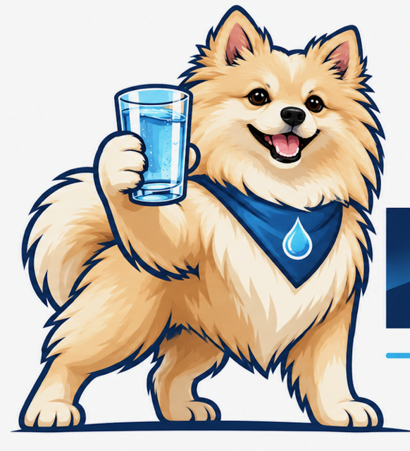 Makor Water Systems official mascot dog holding a fresh glass of pure water
