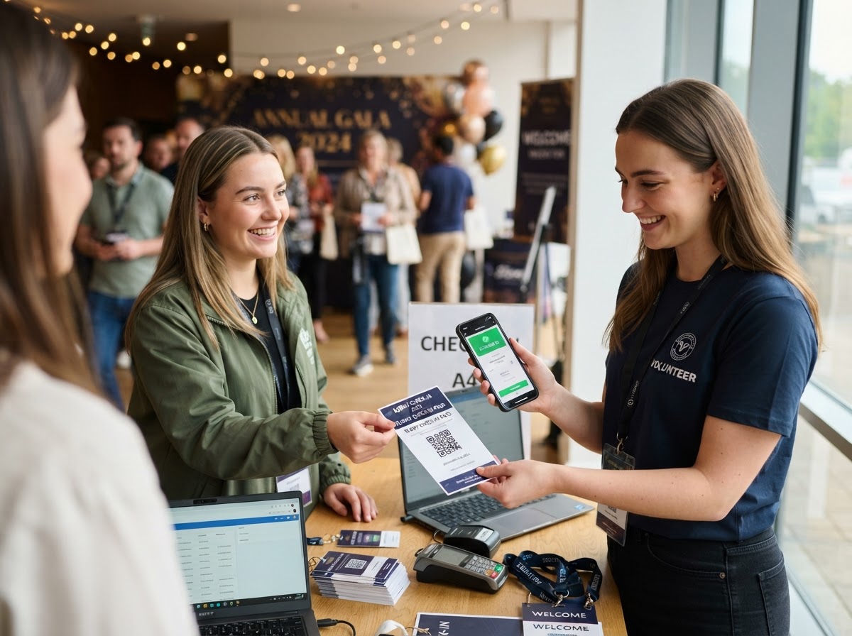 Two people collaborating at an event check-in desk, one scanning a printed ticket with a phone, both looking toward the service details
