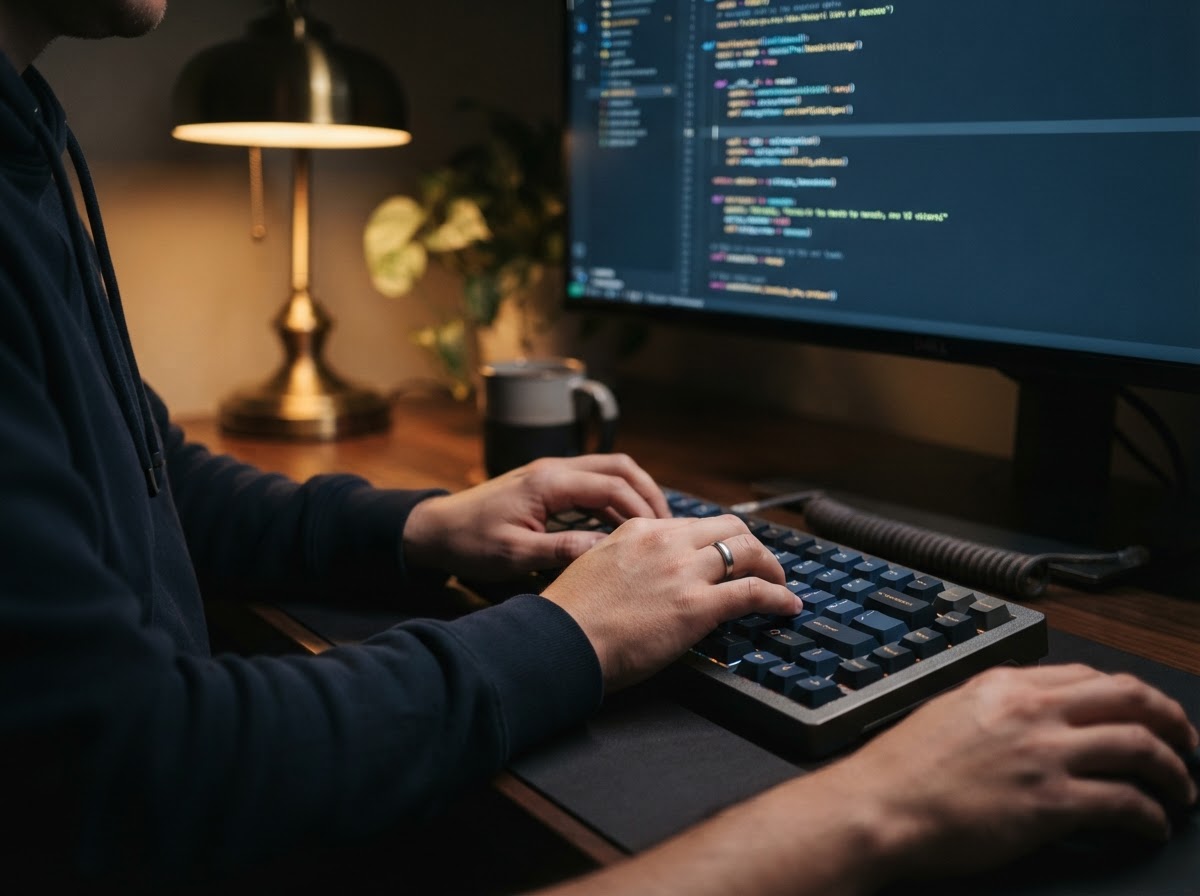 A developer's hands at a mechanical keyboard with a custom code editor glowing on an ultrawide monitor