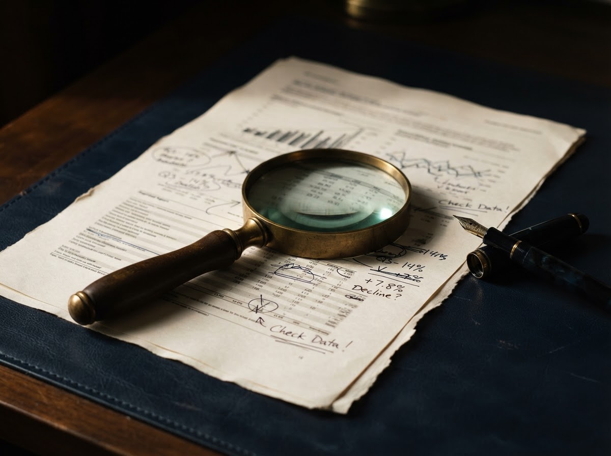 A brass magnifying glass resting on a printed analytics report with handwritten annotations