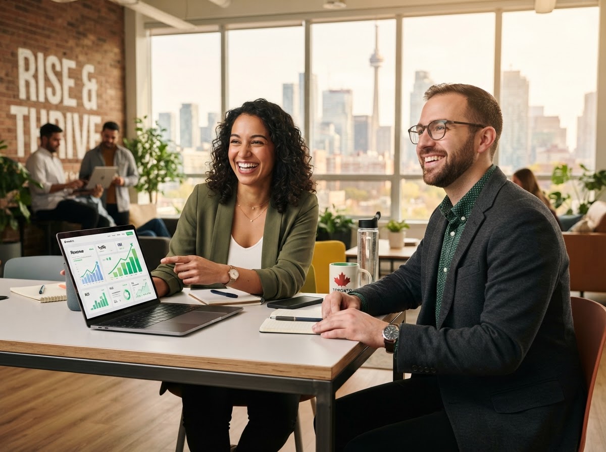 A business owner and a search specialist reviewing rising growth charts on a laptop, both looking toward the service details