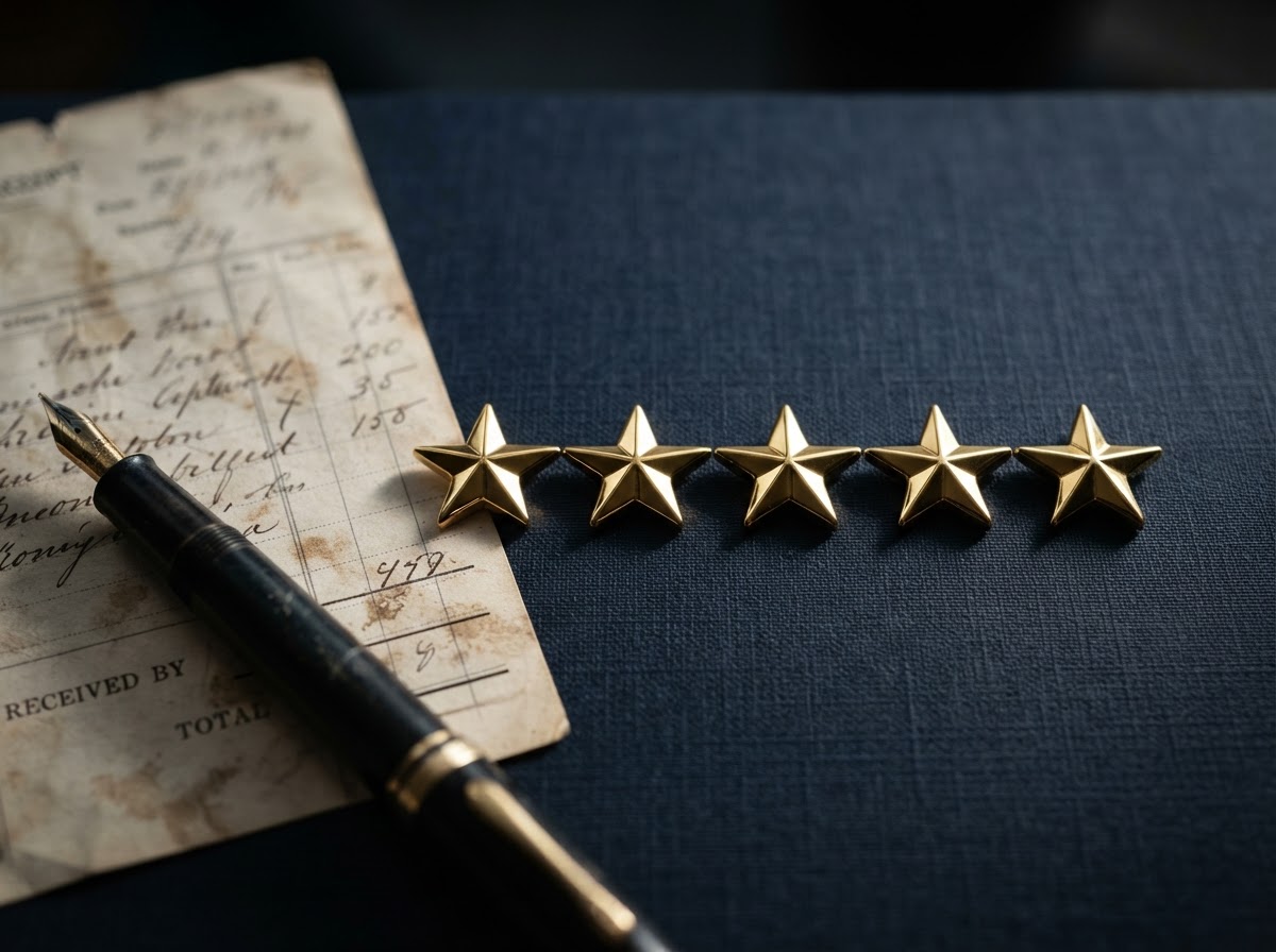 Five polished gold metal stars arranged on a dark navy textured surface beside a vintage receipt