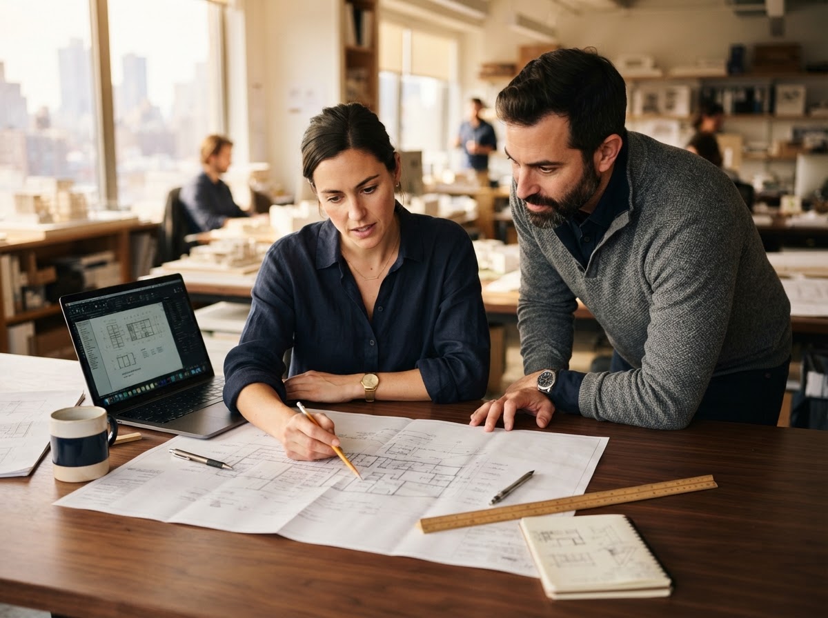 Two professionals collaborating over architectural blueprints and an open laptop on a dark walnut table