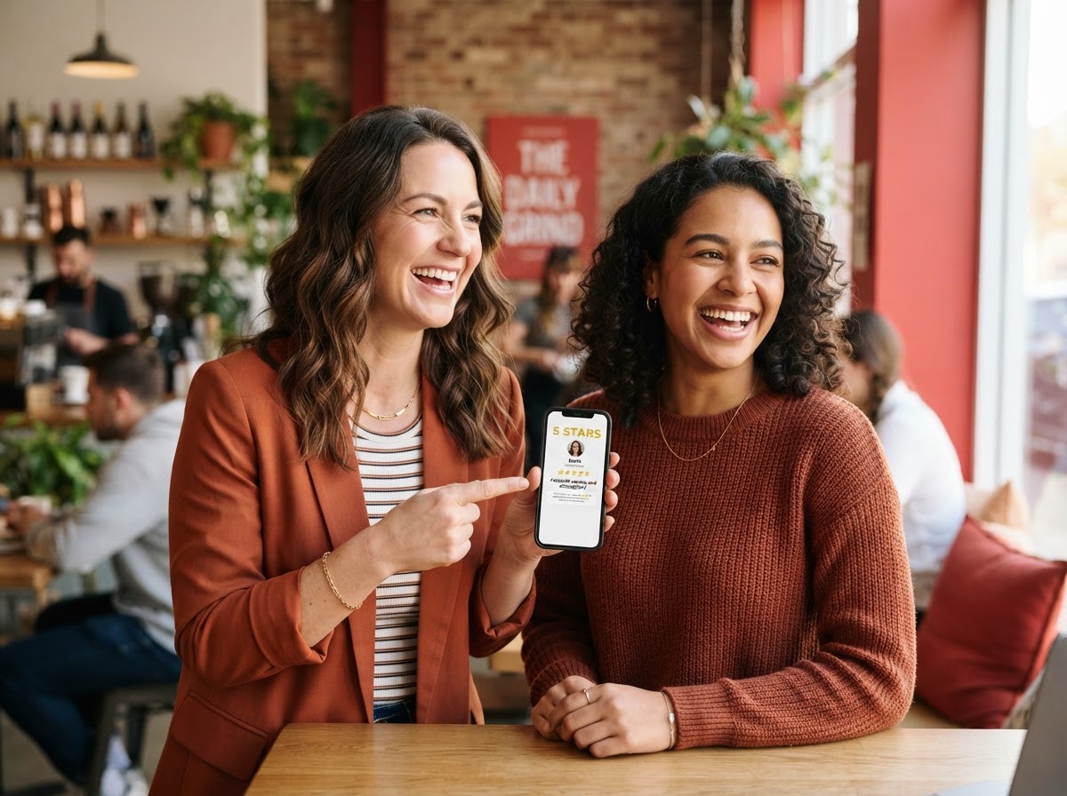 Two happy people celebrating a five-star review on a smartphone, both looking toward the service details