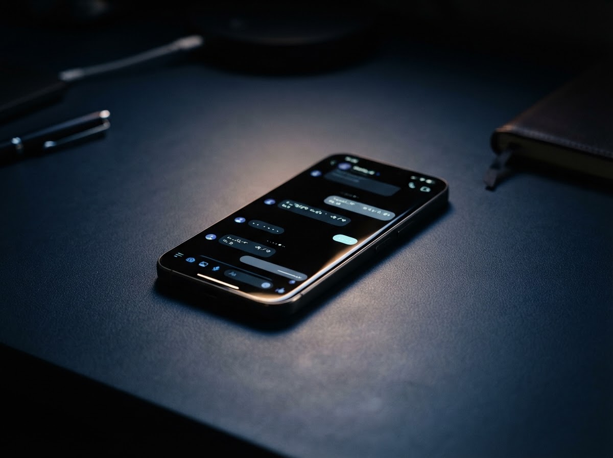 A single smartphone glowing on a dark desk at night showing an abstract chat conversation