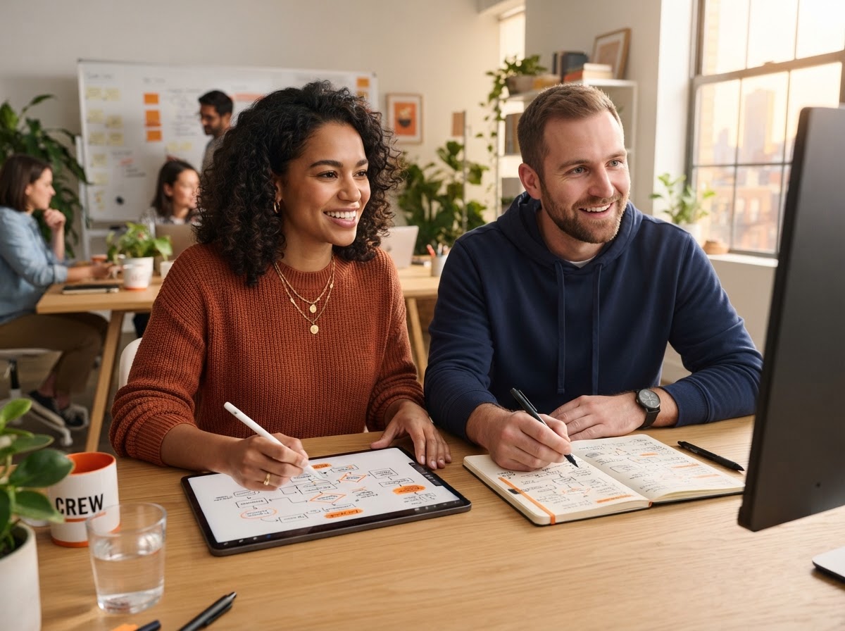Two people collaborating over a tablet to sketch a custom workflow, both looking toward the service details