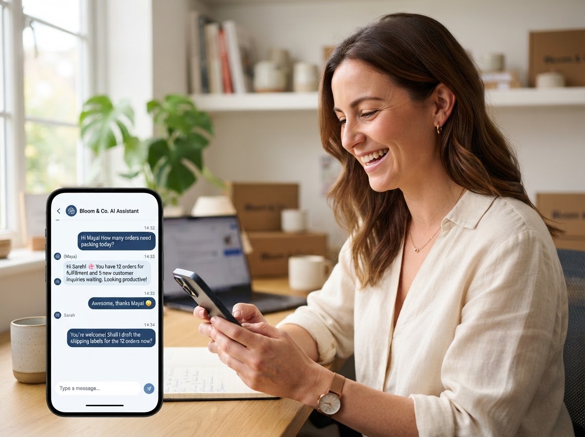 A small-business owner smiling while interacting with an AI chat on a smartphone, looking toward the service details
