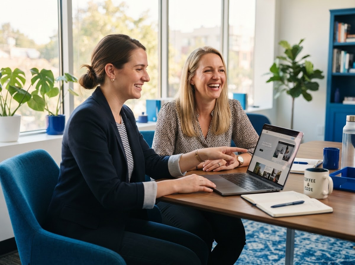 A web designer and a small-business owner collaborating over a laptop showing a custom website, both looking toward the service details
