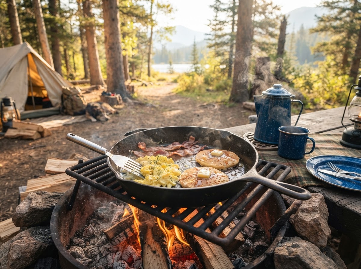 Campground breakfast cooked in a cast iron skillet over a campfire