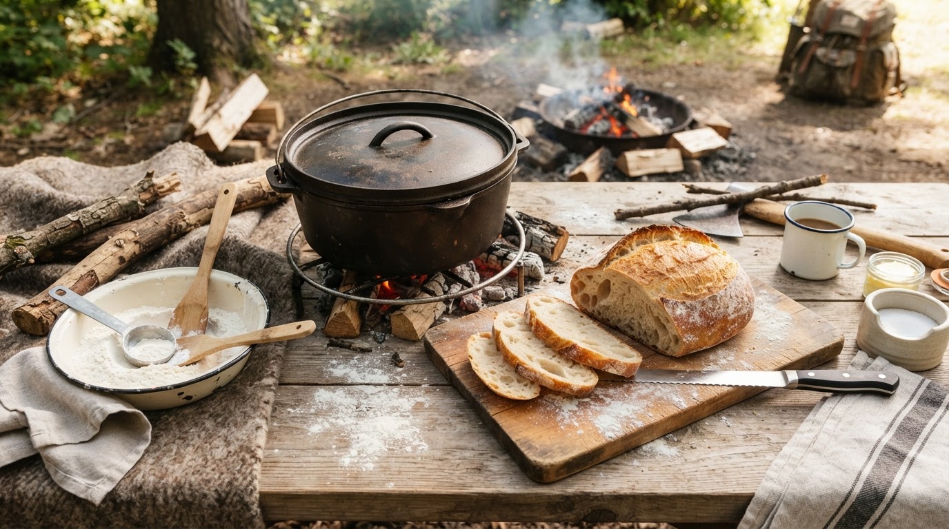 Flat lay combining campground cast iron cooking and fresh homemade artisan bread