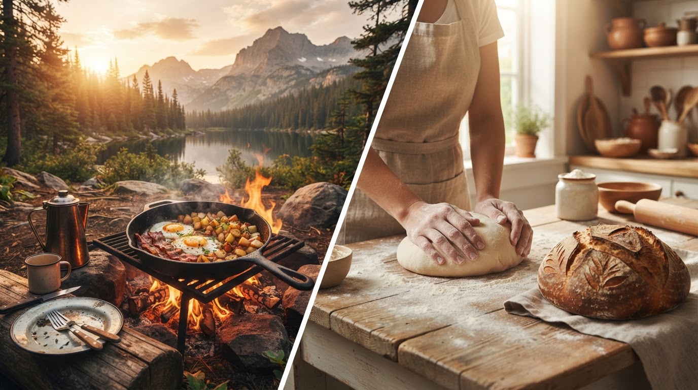 Campground breakfast skillet over campfire beside hands kneading sourdough bread dough and fresh artisan loaf