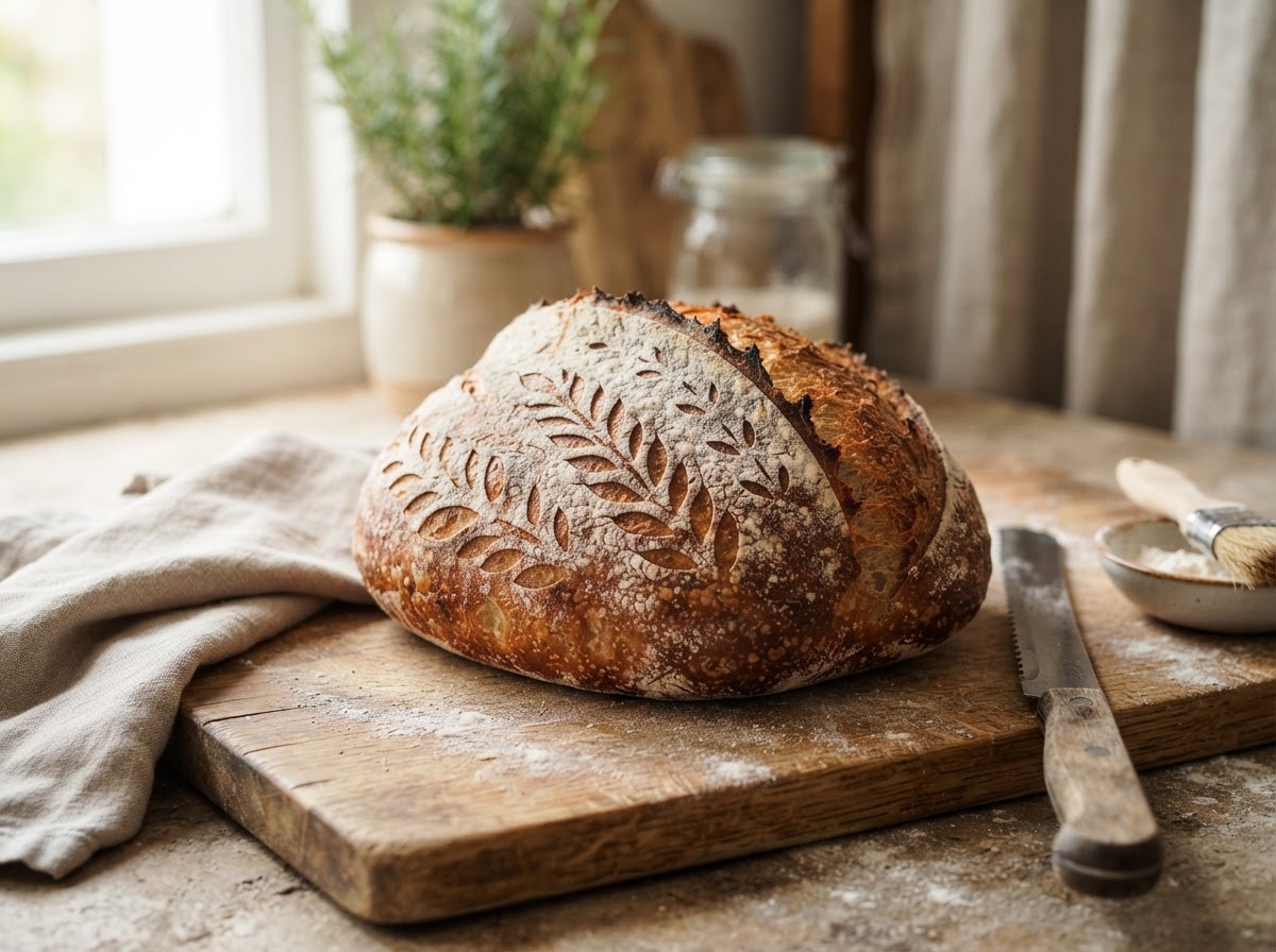A golden artisan sourdough loaf with a crackly crust on a wooden board