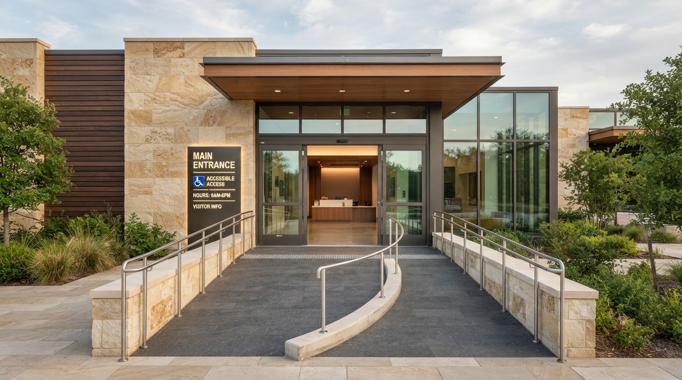 A modern accessible building entrance with an integrated ramp.