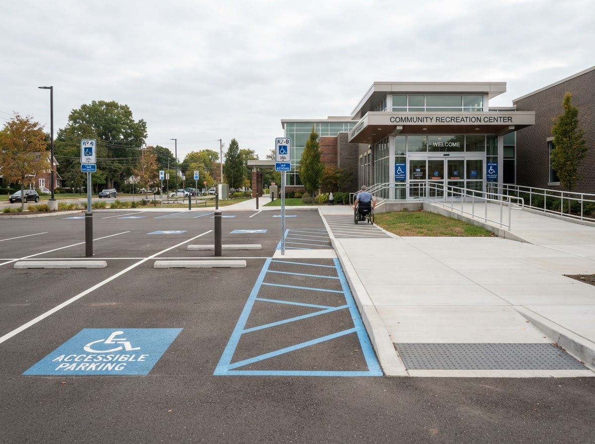 Accessible parking spaces with wide access aisles and a smooth connected pathway to a building entrance.