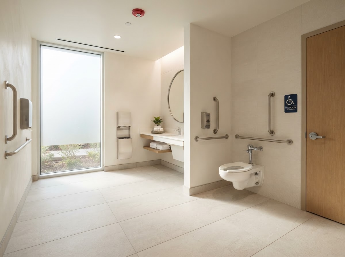 A bright accessible restroom with grab bars, lowered fixtures, and wide turning space.