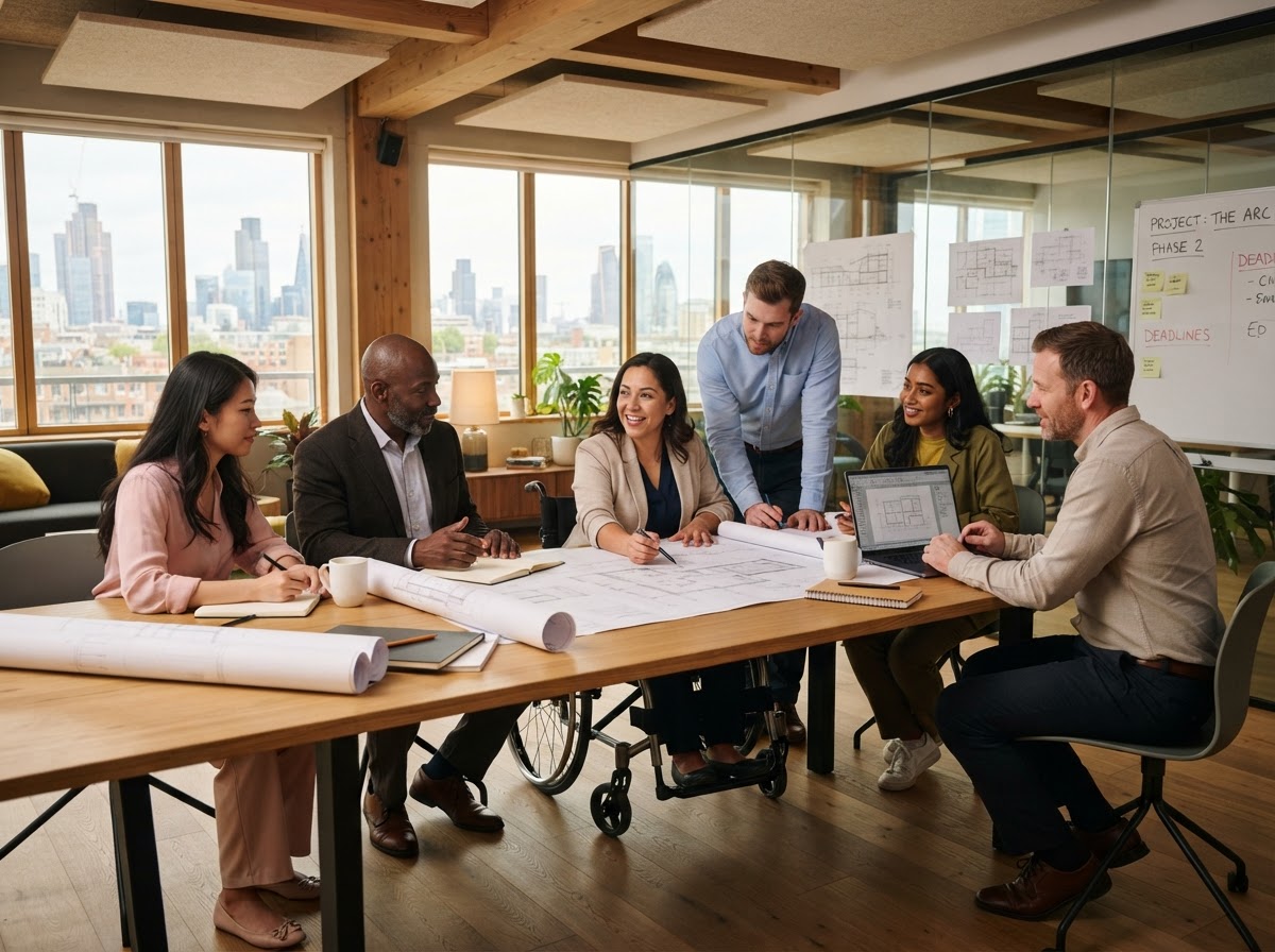 A diverse team including a person using a wheelchair reviewing building plans together around a table.