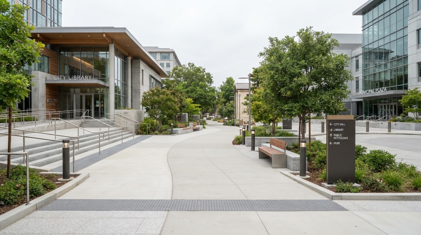 A wide accessible pathway through a modern municipal plaza with curb cuts and wayfinding.