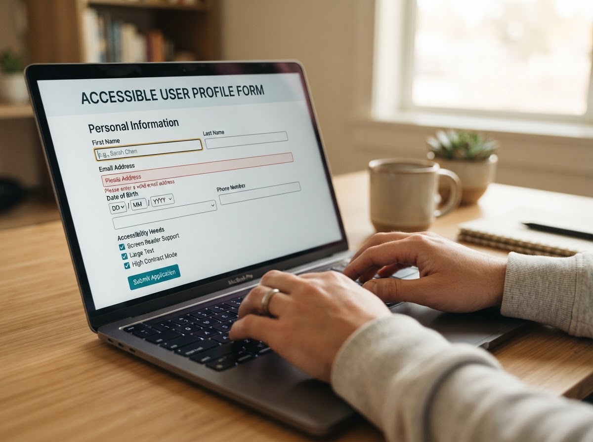 Hands typing on a laptop showing an accessible web form with clear labels.
