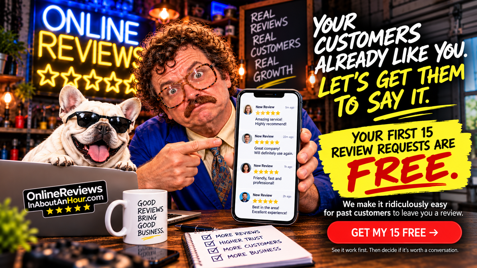 Online Reviews in About an Hour - Your customers already like you. Let's get them to say it. Your first 15 review requests are FREE.