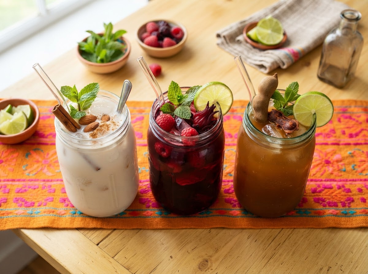 Aguas frescas horchata, jamaica y tamarindo