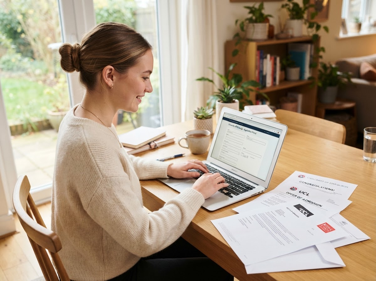 Student completing a single application form on a laptop surrounded by university acceptance letters