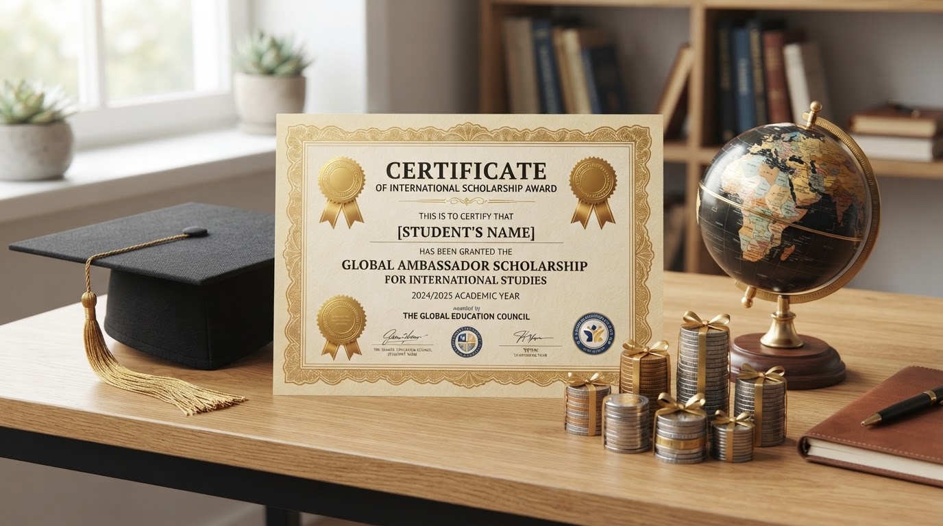 Scholarship certificate with graduation cap and coins representing financial support