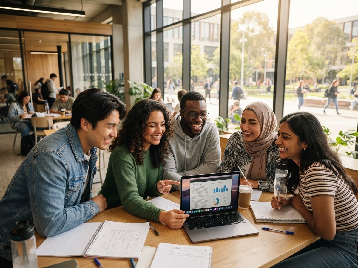 International students studying together on a university campus