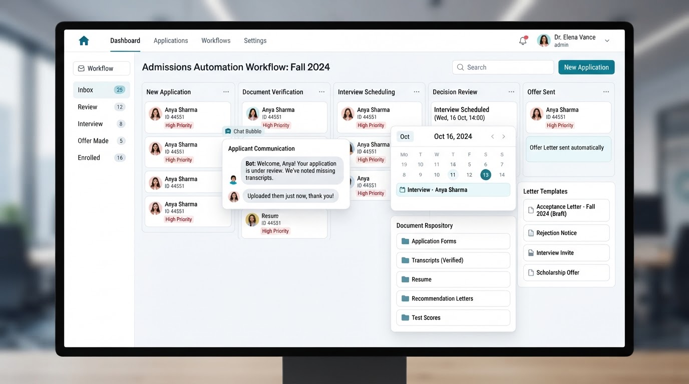 Dashboard showing automated admissions workflow with chat, calendar, documents and letter templates