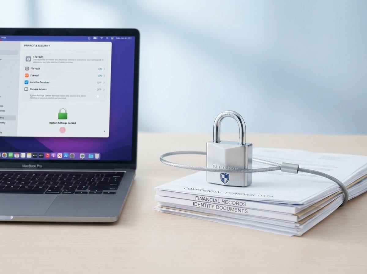 Silver padlock protecting personal documents and a laptop showing privacy settings