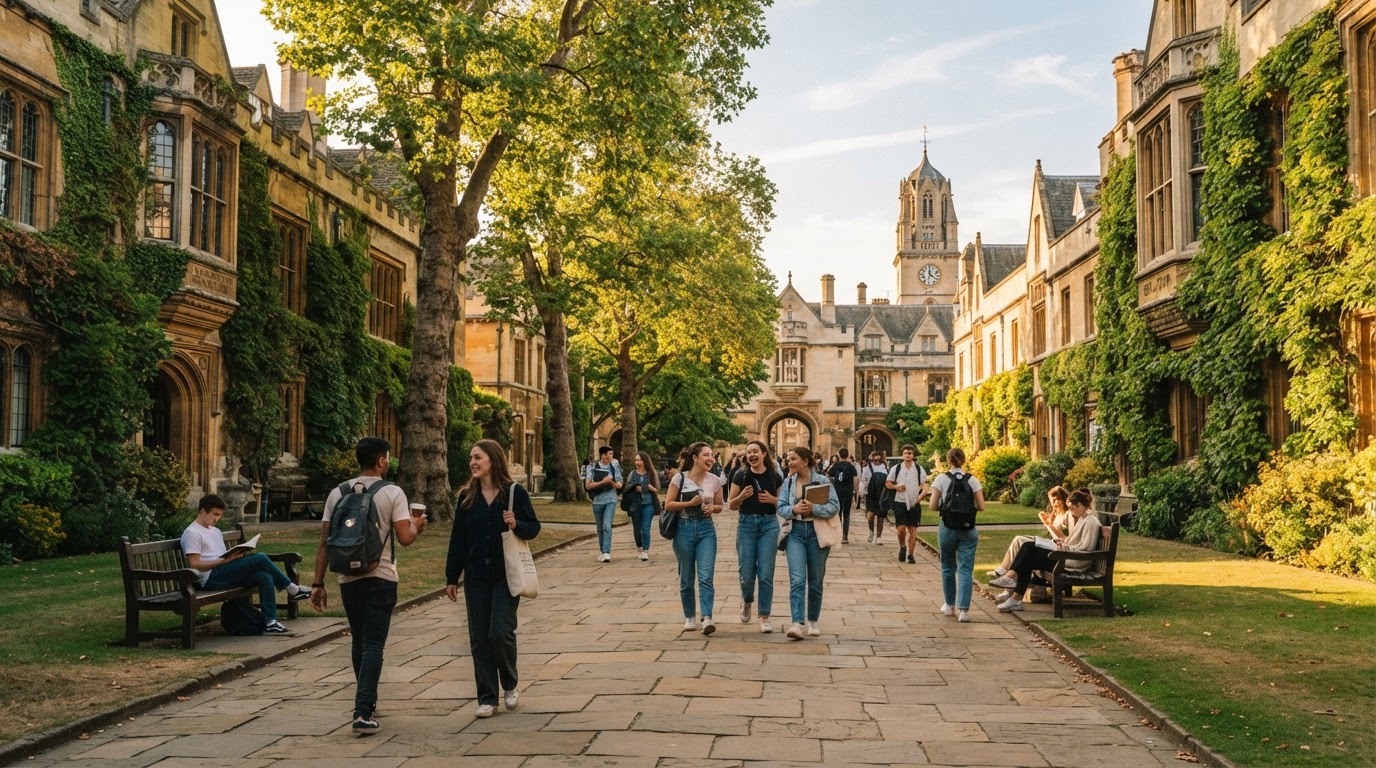 Students walking along a tree-lined pathway on a historic university campus in golden afternoon light