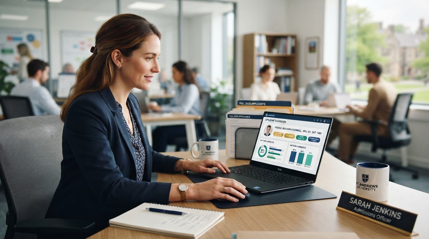University admissions officer reviewing matched student profiles and qualification badges on a laptop