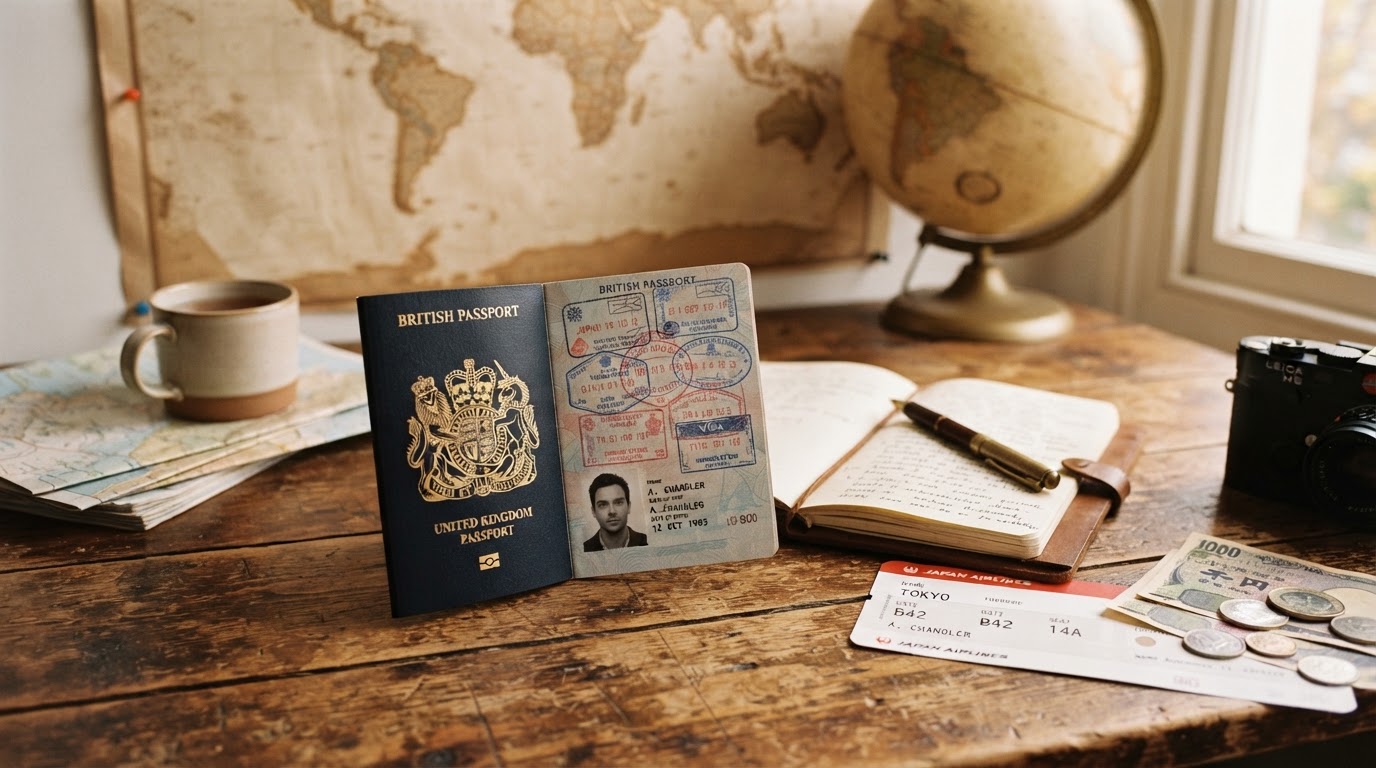 Open passport with visa stamps on a wooden desk with travel documents and a world map in soft focus